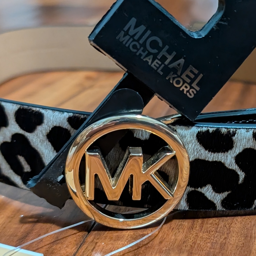 Michael Michael Kors Leopard Print Dyed Calf Hair Logo Belt Size Large Nwt ❤️